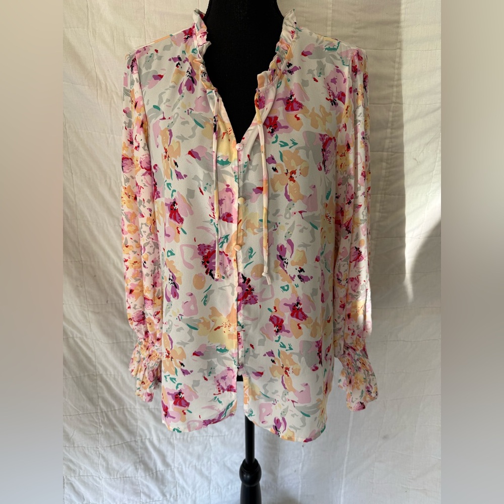 Source Unknown Ruffled Tie-Neck Floral Blouse - Pink, Peach, Cream